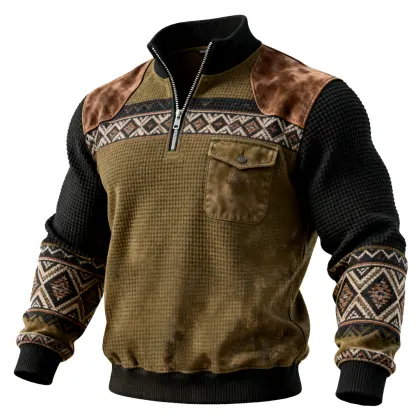 Men's Retro Vintage-Inspired Olive Green Jacket With Ethnic Patterns