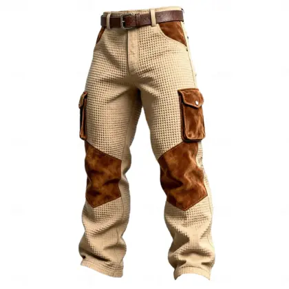 Men's Vintage Khaki And Brown Utility Cargo Pants With Leather Accents