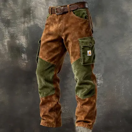 Men's Vintage Brown And Green Corduroy Cargo Pants With Reinforced Knees
