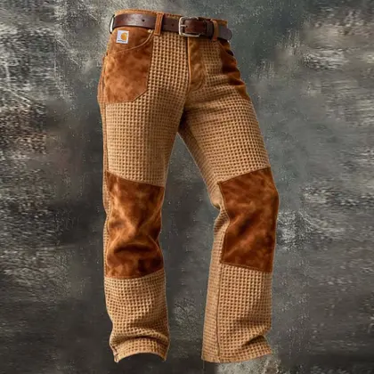 Men's Retro Brown Waffle Knit And Suede Patchwork Trousers