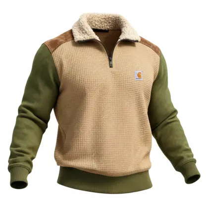 Men's Retro Waffle Knit Quarter-Zip Sweatshirt With Sherpa Collar