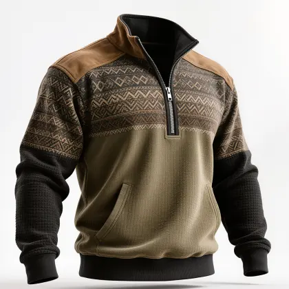Men's Retro Olive Green Patterned Fleece Pullover With Half-Zip