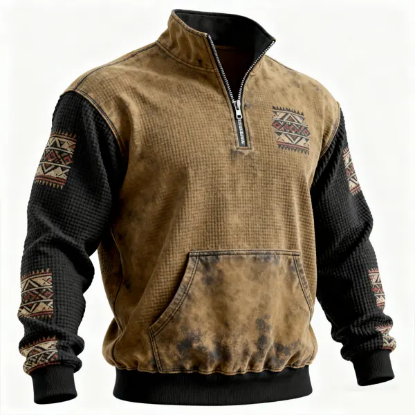 Men's Retro Vintage-Inspired Brown And Black Quilted Jacket With Tribal Patterns - Wayrates.com 