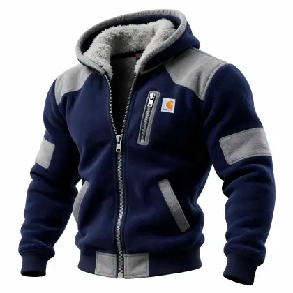 Men's Vintage Zippered Pocket Fleece Color Block Hoodie Jacket