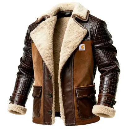 Men's Vintage Embossed Leather Suede Fleece Lapel Collar Jacket