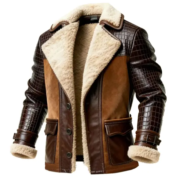 Men's Vintage Embossed Leather Suede Fleece Lapel Collar Jacket - Wayrates.com 