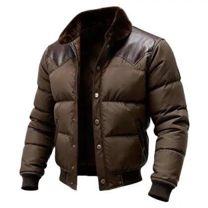 Men's Vintage Warm Leather Patchwork Outdoor Puffer Jacket