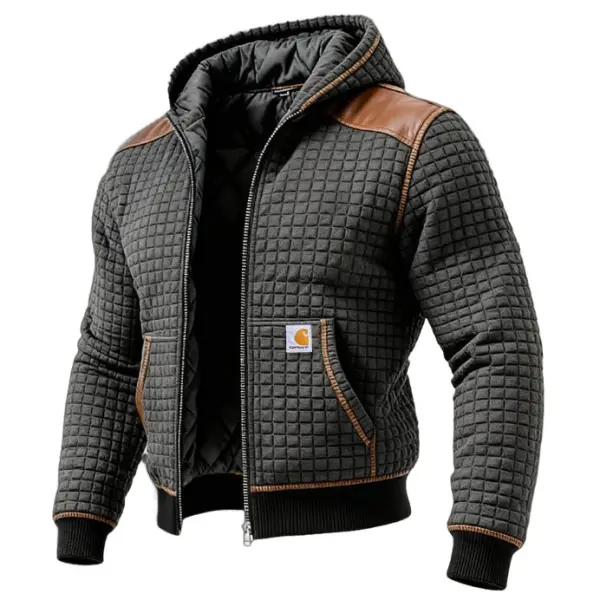 Men's Vintage Waffle Quilted Plaid Leather Hoodie Jacket - Wayrates.com 