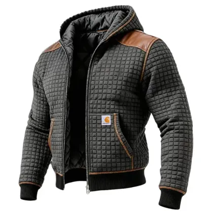 Men's Vintage Waffle Quilted Plaid Leather Hoodie Jacket