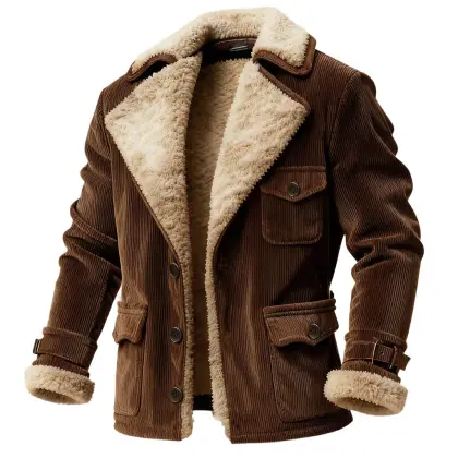 Men's Vintage Corduroy Fleece Multi-Pocket Lapel Collar Shearling Jacket