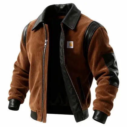 Men's Vintage Corduroy Leather Patchwork Lapel Collar Jacket