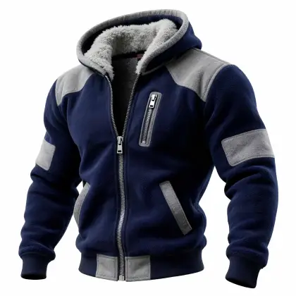 Men's Vintage Zippered Pocket Fleece Color Block Hoodie Jacket