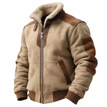 Men's Vintage Patchwork Suede Fleece Stand Collar Jacket