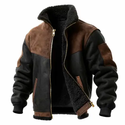 Men's Vintage Suede Patchwork Fleece Stand Collar Jacket