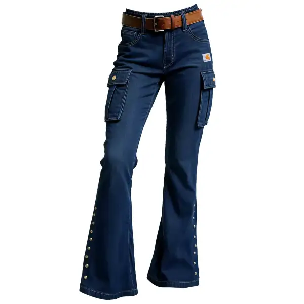 Women's Vintage Blue Denim Flared Pants With Multiple Pockets - Wayrates.com 