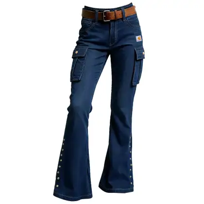 Women's Vintage Blue Denim Flared Pants With Multiple Pockets