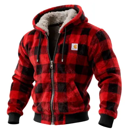 Men's Vintage Red Plaid Sherpa-Lined Hooded Jacket