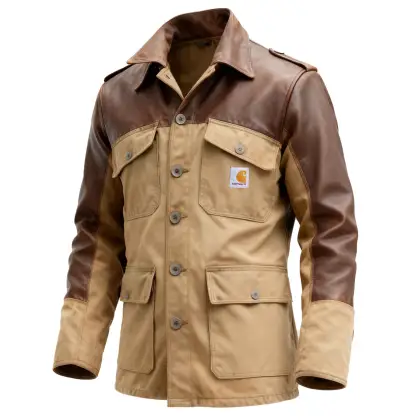 Men's Vintage Leather Patchwork Workwear Jacket With Multiple Pockets