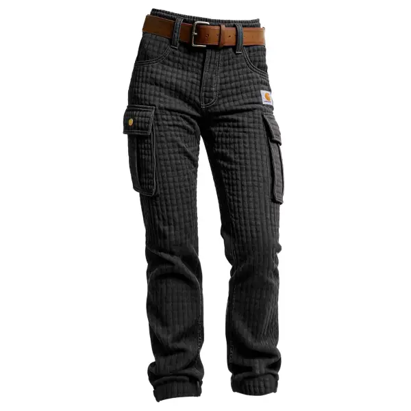 Women's Vintage Dark Gray Waffle Quilted Plaid Multi-Pocket Cargo Pants - Wayrates.com 