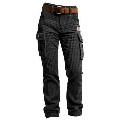 Women's Vintage Dark Gray Waffle Quilted Plaid Multi-Pocket Cargo Pants
