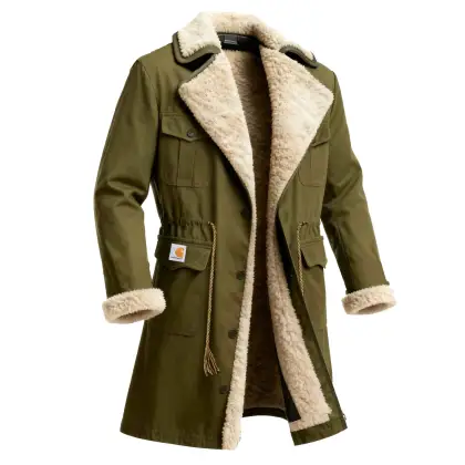 Men's Vintage Military Green Fleece Multi-Pocket Sherpa-Lined Coat