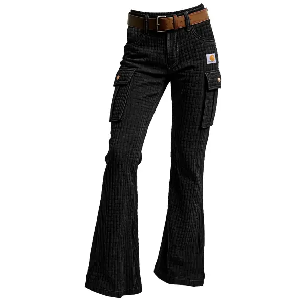 Women's Vintage Black Waffle Quilted Plaid Multi-Pocket Cargo Pants - Wayrates.com 