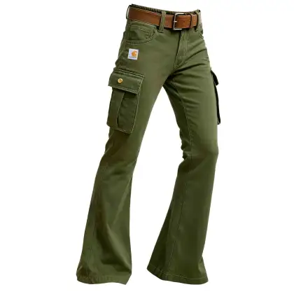 Women's Vintage Army Green Multi-Pocket Cargo Flared Pants
