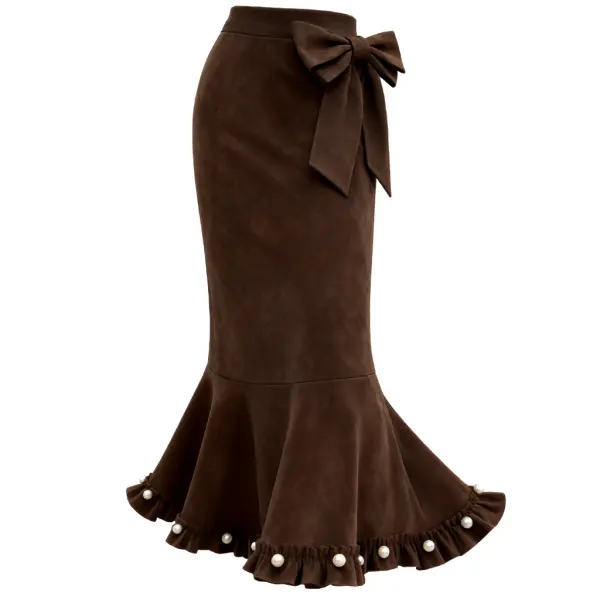 Women's Vintage Suede Bow-Embellished Pearl Ruffled Hem Midi Skirt Dress - Wayrates.com 
