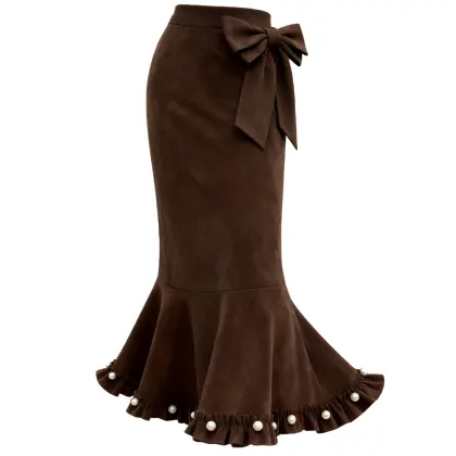 Women's Vintage Suede Bow-Embellished Pearl Ruffled Hem Midi Skirt Dress