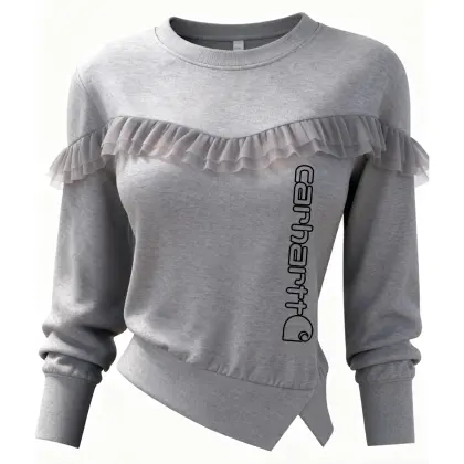 Women's Sweatshirt With Ruffled Lace Detail And Logo Gray