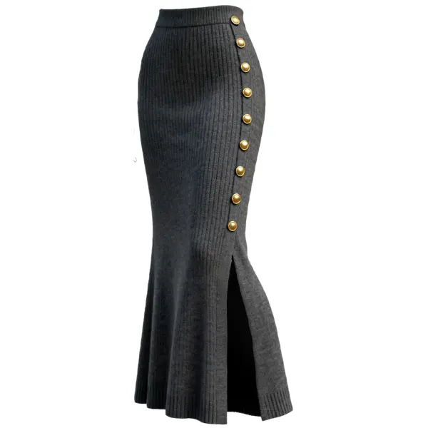 Women's High-Waisted Gray Side Slit Knitted Midi Skirt With Gold Buttons - Wayrates.com 