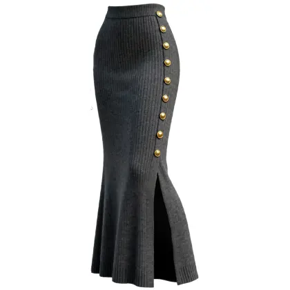 Women's High-Waisted Gray Side Slit Knitted Midi Skirt With Gold Buttons