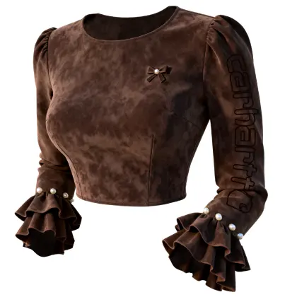 Women's Elegant Suede Blouse With Pearl Ruffled Sleeves And Bow Detail Brown