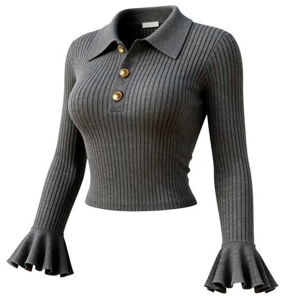 Women's Elegant Gray Ribbed Polo Neck Top With Flared Sleeves - Wayrates.com 