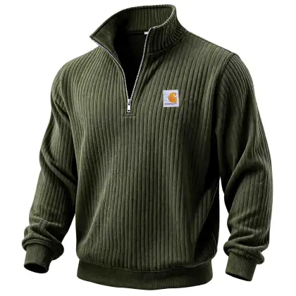 Men's Vintage Army Green Wide Ribbed Corduroy Quarter Zip-Up Stand Collar Sweatshirt