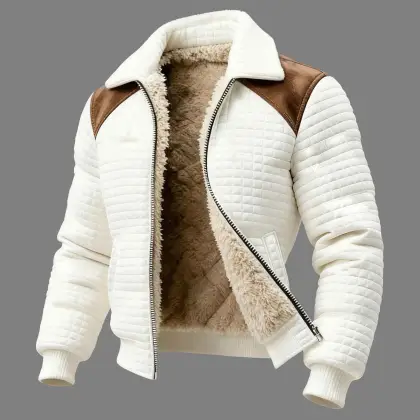 Men's Vintage Waffle Quilted Plaid Fleece Patchwork Suede Collar Jacket