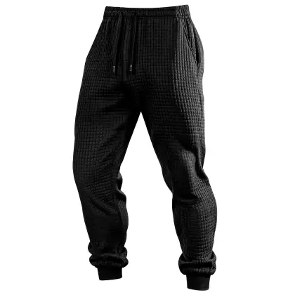 Men's Vintage Waffle Quilted Plaid Elastic Drawstring Sweatpants