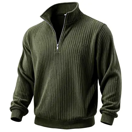 Men's Vintage Army Green Wide Ribbed Corduroy Quarter Zip-Up Stand Collar Sweatshirt