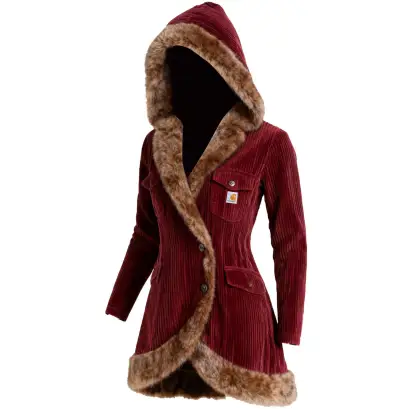 Women's Vintage Burgundy Corduroy Fleece Trim Hooded Jacket