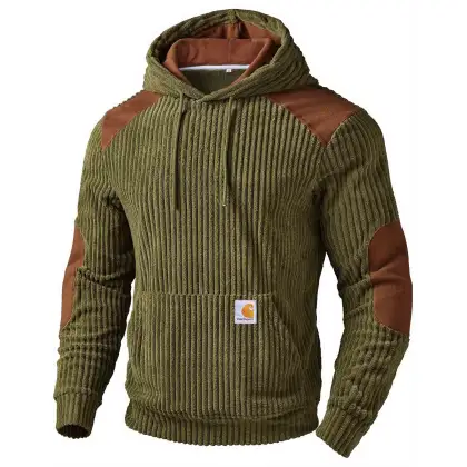 Men's Vintage Olive Green Wide Ribbed Corduroy Suede Hoodie