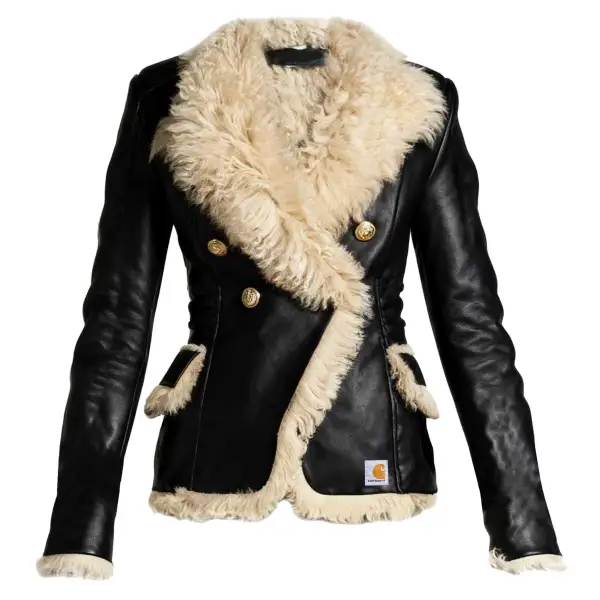 Women's Vintage Black Leather Fleece Lapel Collar Jacket - Wayrates.com 