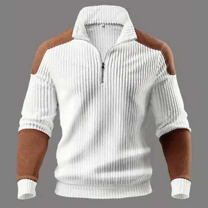 Men's Vintage Wide Ribbed Suede Panel Quarter Zipper Stand Collar Sweatshirt