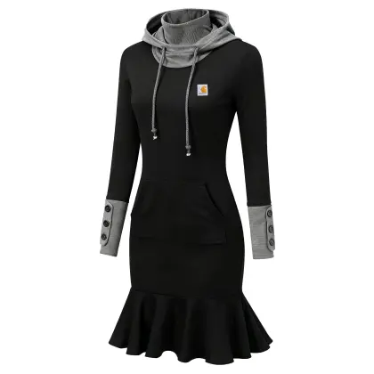Women's Vintage Black Patchwork Gray Turtleneck Hooded Dress