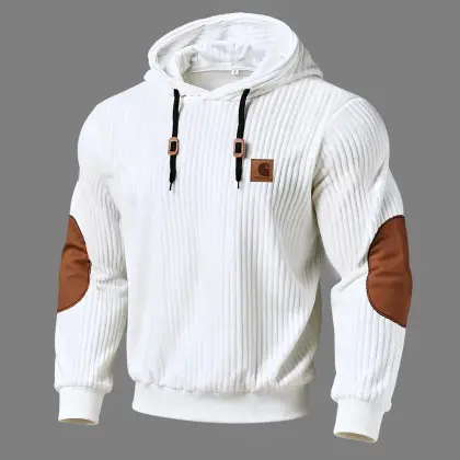Men's Vintage Wide Ribbed Suede Elbow Patches Hoodie