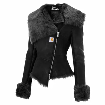 Women's Vintage Black Leather Fleece Lapel Collar Jacket