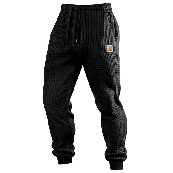 Men's Vintage Waffle Quilted Plaid Elastic Drawstring Sweatpants - Wayrates.com 