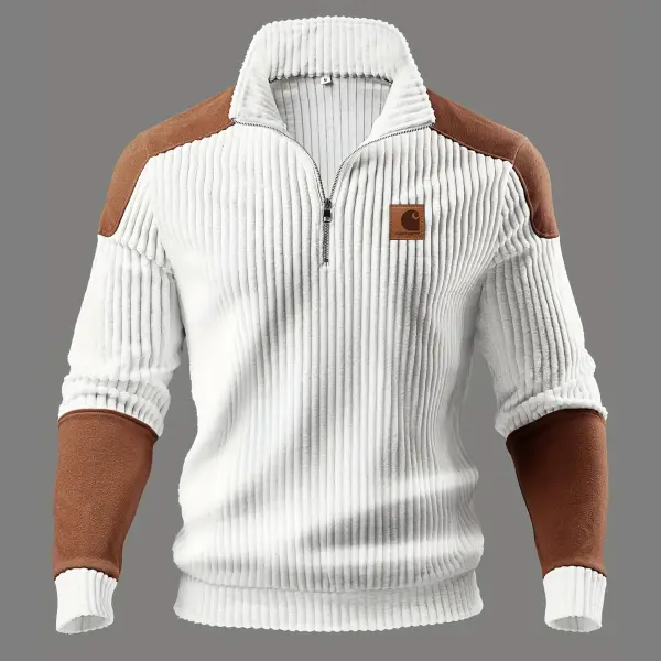 Men's Vintage Wide Ribbed Suede Panel Quarter Zipper Stand Collar Sweatshirt - Wayrates.com 