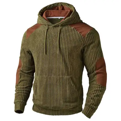 Men's Vintage Olive Green Wide Ribbed Corduroy Suede Hoodie