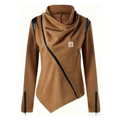 Women's Vintage Brown Suede Zip-Up Turtleneck Long-Sleeve T-Shirt