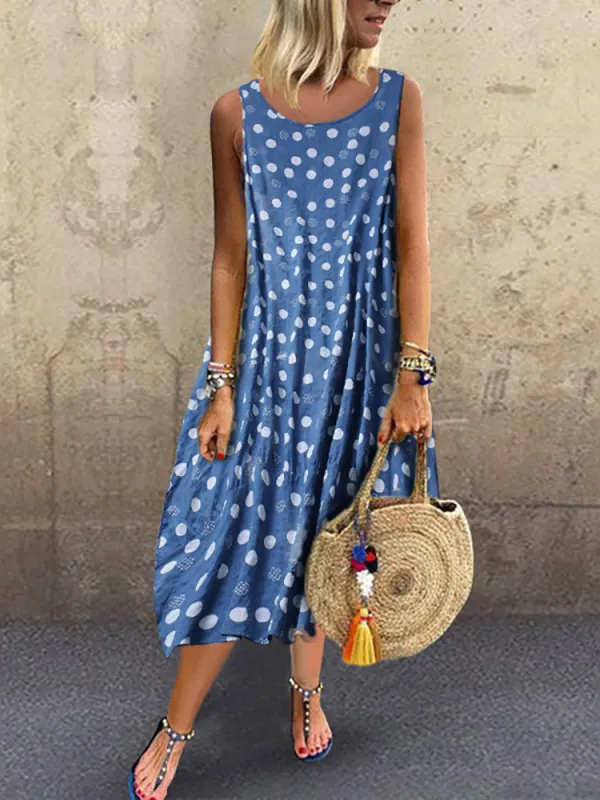 Bohemian Polka Dot Round Neck Sleeveless Dress - Miuwell.com 